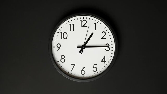 Clock face timelapse on black background. Time ticking on classic wall clock. Time moving fast. Time concept. Wall clock show running time. Close-up in 4K, UHD