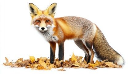 Fototapeta premium A red fox standing among autumn leaves, showcasing its vibrant fur and curious expression.