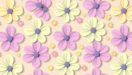 Pastel Paper Flowers Seamless Pattern: Soft Pink, Yellow Floral Background Texture