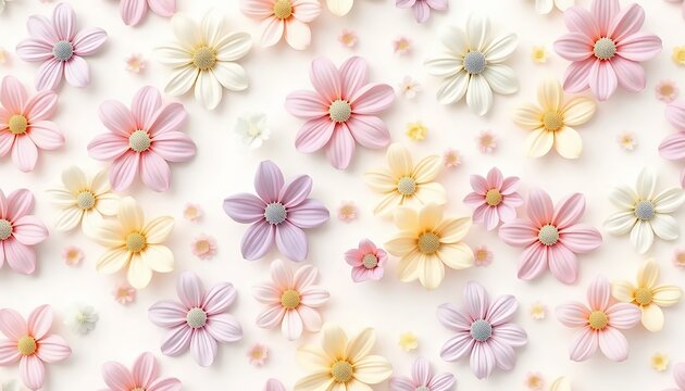 Fototapeta Pastel Paper Flowers on White Background: Delicate Floral Pattern