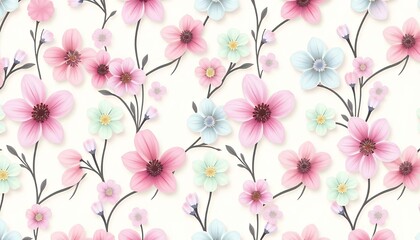 Pastel Pink and Blue Floral Seamless Pattern: Delicate Blossoms and Soft Colors