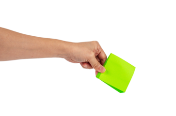 Paper stickers in hand. Hand holding a green sticker. Notes for the message, transparent background.
