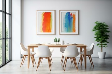 Modern and stylish dining room interior showcasing abstract paintings, creating a vibrant and artistic atmosphere