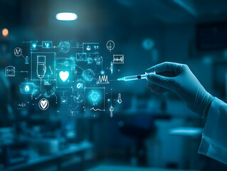 Fototapeta premium Gloved hand holding a syringe amid digital health symbols in a modern laboratory setting -