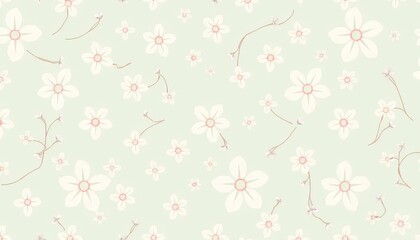 Seamless Pastel Floral Pattern with Delicate White and Pink Flowers on Light Green Background