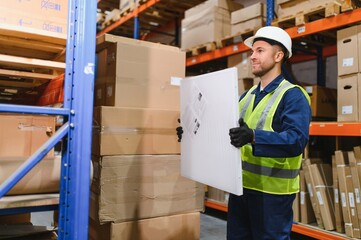 Portrait of a handsome warehouse worker in overalls and a helmet