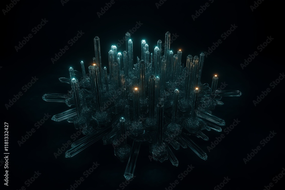 Poster a fractal chandelier made of glowing crystals, casting patterns of light.