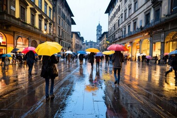 A city square during a rainstorm, with pedestrians hurrying under umbrellas,