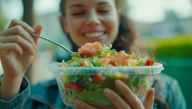 portrait of woman eating fresh salad with salmon from clear plastic to-go container 