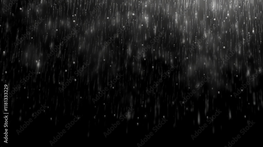 Poster isolated falling raindrops in a black background with light reflection creating a serene atmosphere 