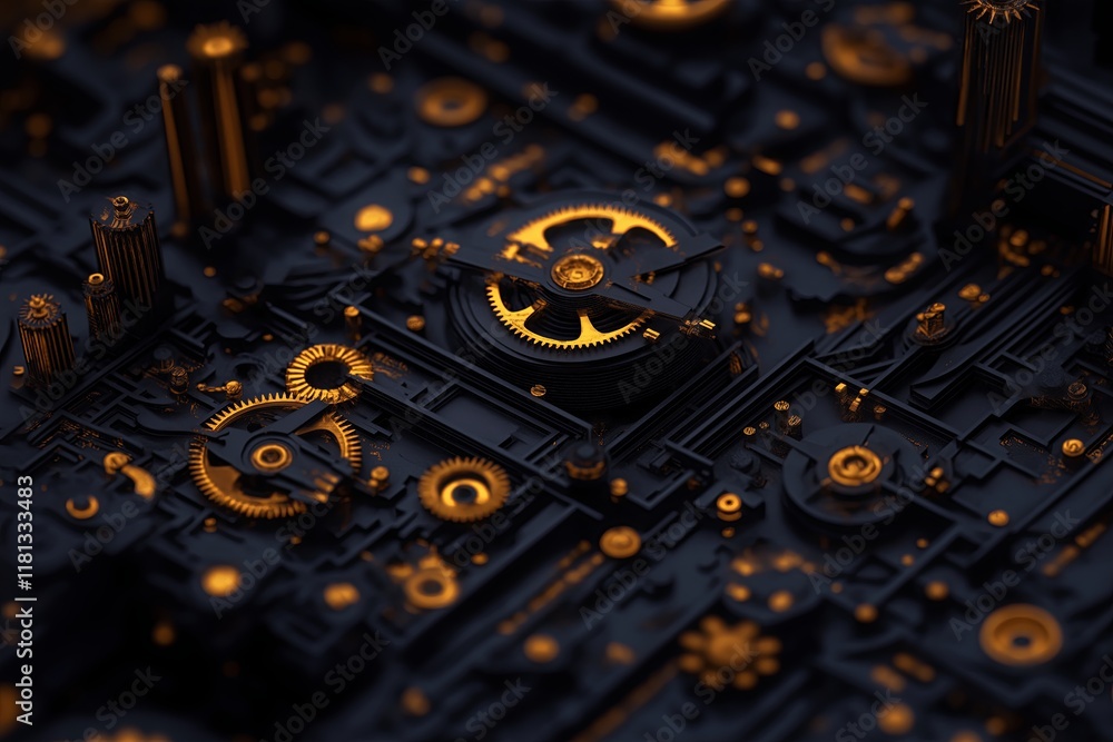 Poster a fractal clock with endlessly spinning gears and patterns of time.