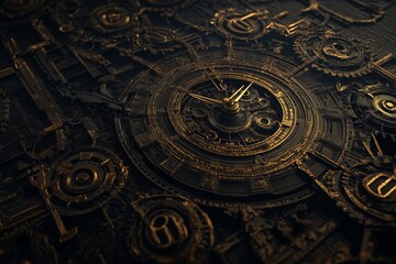Obraz premium A fractal clock with endlessly spinning gears and patterns of time.