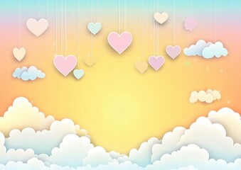 Obraz premium Happy Valentine's Day background with paper-cut clouds and hearts. A red heart shape hangs from a white cloud