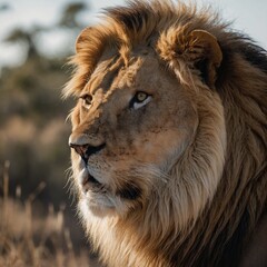 Fototapeta premium A serene image of a lion gazing into the distance, with its majestic mane glowing in the light and a crisp white background.