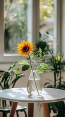 Fototapeta premium Vibrant Sunflower in a Clear Vase on a White Table Indoor Setting