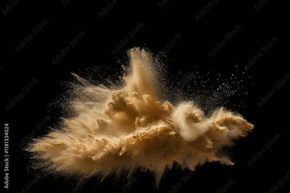 Poster isolated explosion of gold sand particles against a black background capturing dynamic movement and 