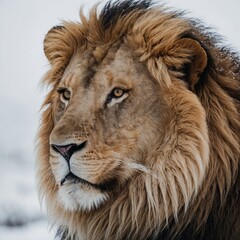 A beautiful lion looking regal and powerful, with its magnificent mane flowing, surrounded by a pure white backdrop.