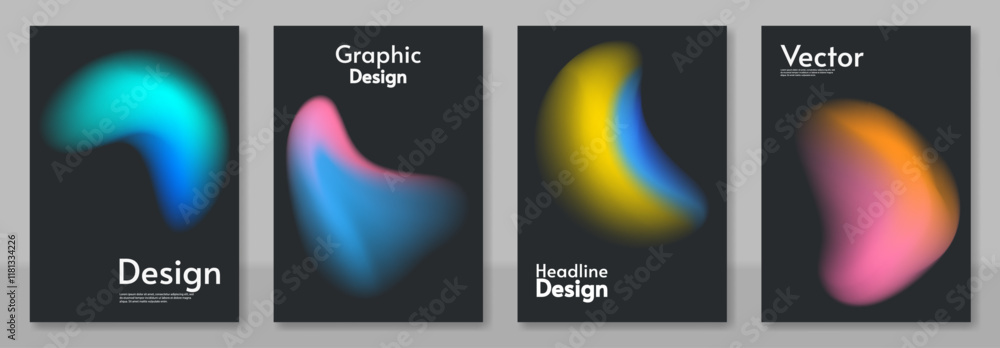 Poster set of modern abstract design with vibrant gradient spheres on a dark background. glowing and futuri