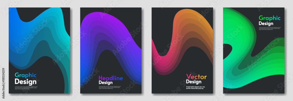 Poster set of abstract vector illustration. wave gradient color elements with dark background. design for c
