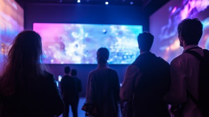 Fototapeta premium Silhouetted people watch vibrant screen display.