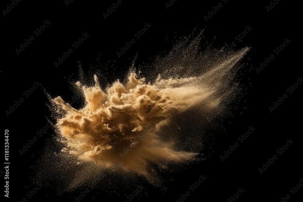 Aufkleber isolated explosion of gold sand creating a dynamic cloud against a black background captured with hi