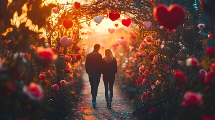 Couple walking sunset rose garden heart arch romance