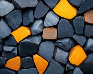 Abstract Background of Dark Grey and Vibrant Orange Stones Textured Rock Wall Close Up