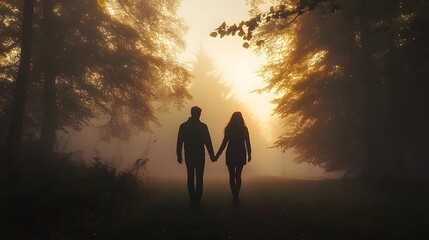 Couple silhouetted, walking, misty forest, sunrise, romance