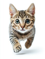 Fototapeta premium A playful kitten with striking eyes running towards the viewer on a white background.