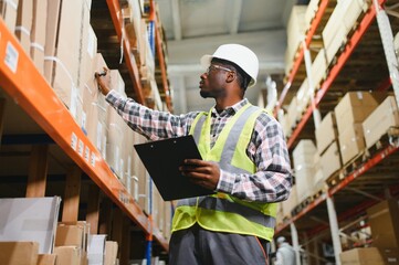 Portrait of african american warehouseman with clipboard checking delivery, stock in warehouse....