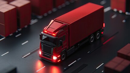 A miniature red truck with a shipping container drives along a dark, detailed road surrounded by other containers.
