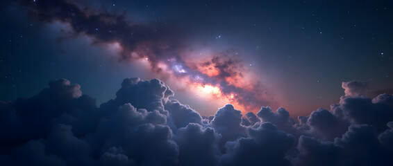 Fototapeta premium Night sky full of stars. A universe adorned with clouds, nebulae, and galaxies. Cosmic scenery with stardust and the Milky Way. Enchanting galaxy and space backdrop.