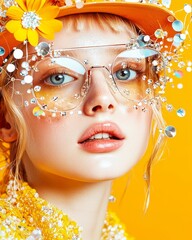 Stylish Blonde Woman with Sparkling Glasses and Flower Hat Yellow Fashion Portrait