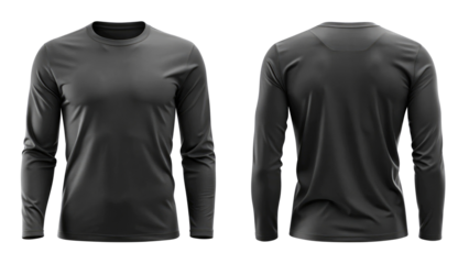 black long sleeve t shirt round neck template from two sides isolated on transparent white background, clipping path