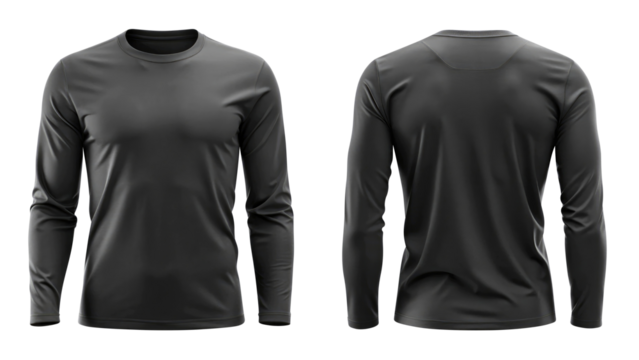 black long sleeve t shirt round neck template from two sides isolated on transparent white background, clipping path