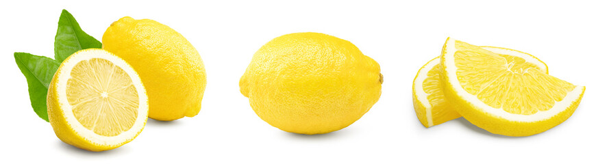 lemon with slice and green leaves isolated on white background. clipping path