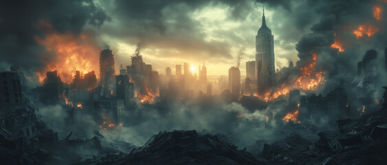 New York City burning in ruins during end of the world apocalypse