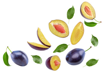 fresh plum fruit with green leaf and cut plum slices isolated on white background. clipping path