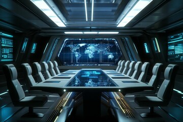 Obraz premium Futuristic conference room; global data display; sleek chairs.