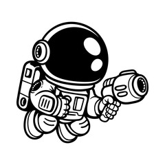 fun astronaut with blaster gun cartoon character isolated drawing line art style sketch classic vintage design illustration