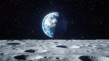 Serene Blue Earth View from Moon Surface, Blue earth moon surface concept.