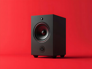 High-quality speaker placed on a vibrant red background, highlighting its design and sound features -