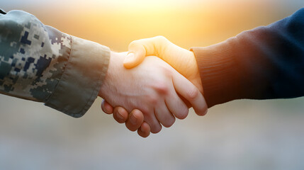 Military personnel shake hands with civilians community event outdoor daylight
