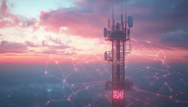 High-speed wireless communication tower with a futuristic global network theme  -
