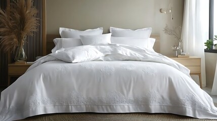 Pure white bed sheet set with subtle embroidered details styled in a clean and airy Scandinavian bedroom with light wood furniture