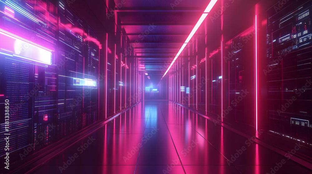 Poster high-tech data center corridor with servers and digital internet connectivity projections, showcasin