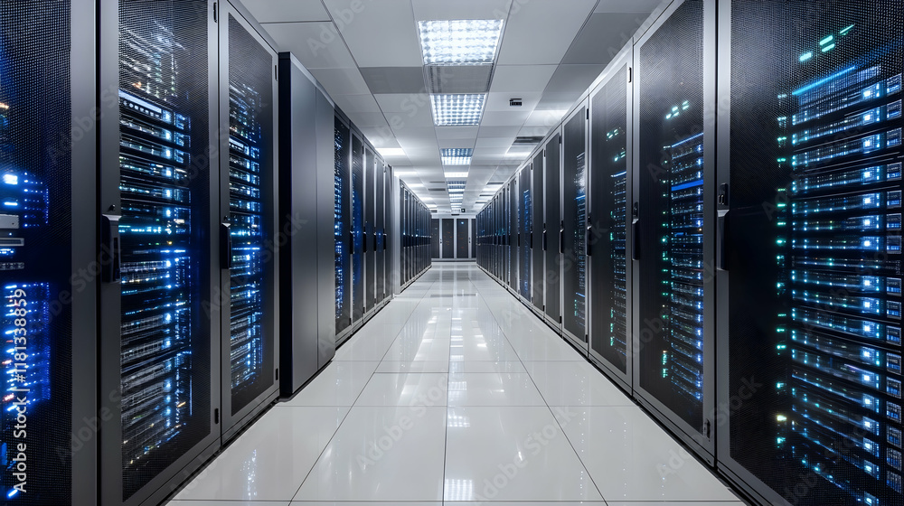 Poster high-tech data center corridor with servers and digital internet connectivity projections, showcasin