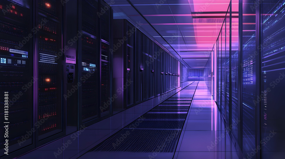 Poster high-tech data center corridor with servers and digital internet connectivity projections, showcasin