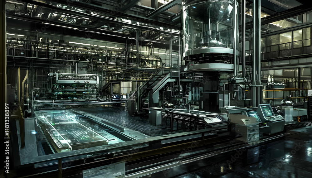 Poster high-tech industrial factory featuring automation systems and advanced robotics -