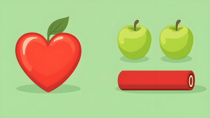 Obraz premium Heart-shaped apple, green apples, and candy roll on green background; healthy eating choice illustration.